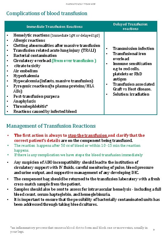 HAEMATOLOGY TEAM 436 Complications of blood transfusion Delayed Transfusion reactions Immediate Transfusion Reactions •