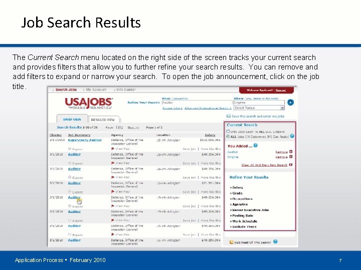 Job Search Results The Current Search menu located on the right side of the