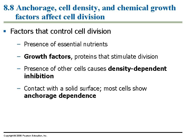 8. 8 Anchorage, cell density, and chemical growth factors affect cell division Factors that