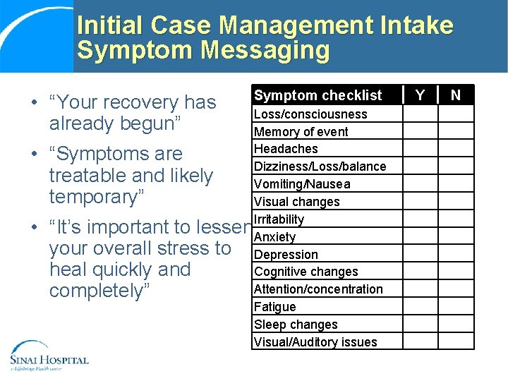 Initial Case Management Intake Symptom Messaging • “Your recovery has already begun” • •
