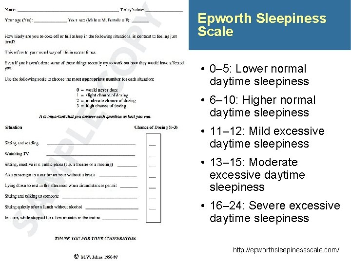 Epworth Sleepiness Scale • 0– 5: Lower normal daytime sleepiness • 6– 10: Higher