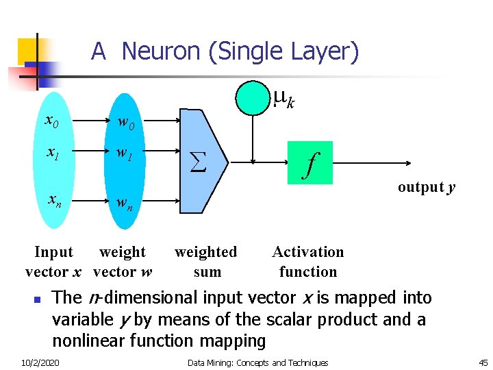 A Neuron (Single Layer) x 0 w 0 x 1 w 1 xn å