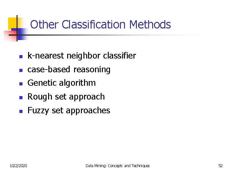 Other Classification Methods n k-nearest neighbor classifier n case-based reasoning n Genetic algorithm n