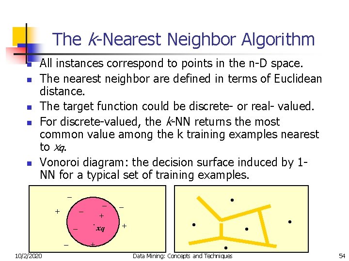 The k-Nearest Neighbor Algorithm n n n All instances correspond to points in the