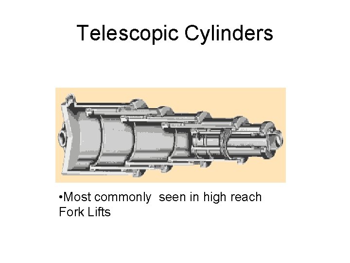 Telescopic Cylinders • Most commonly seen in high reach Fork Lifts 