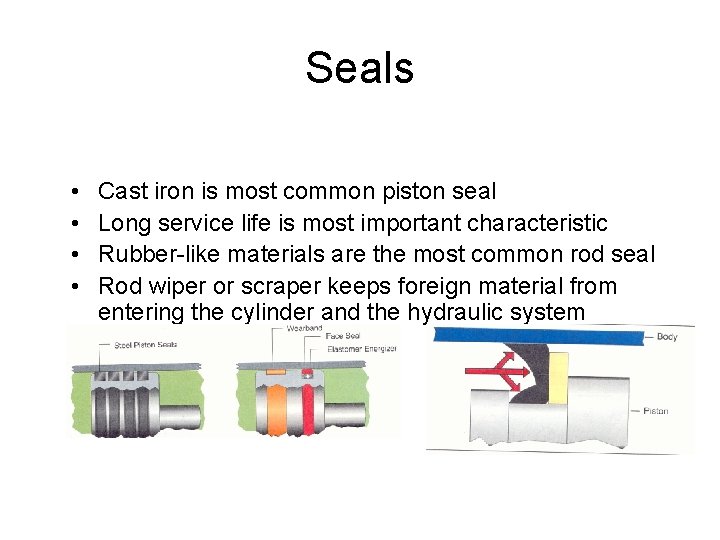 Seals • • Cast iron is most common piston seal Long service life is