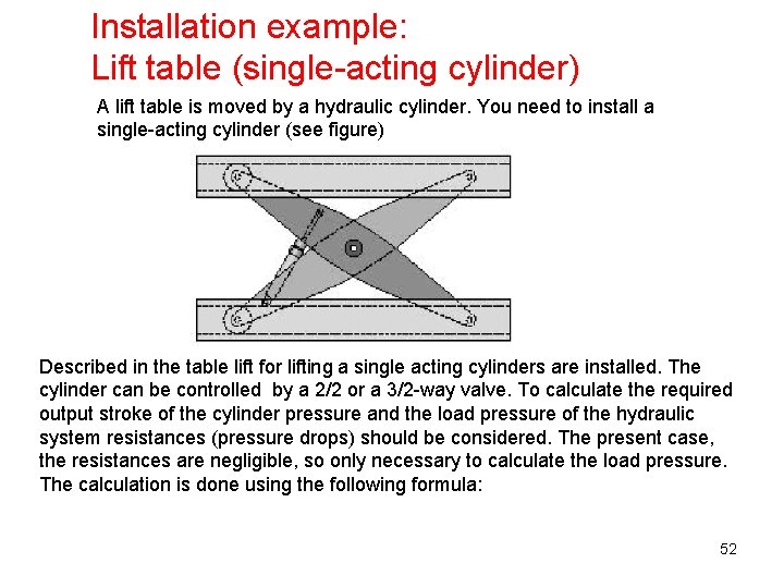 Installation example: Lift table (single-acting cylinder) A lift table is moved by a hydraulic