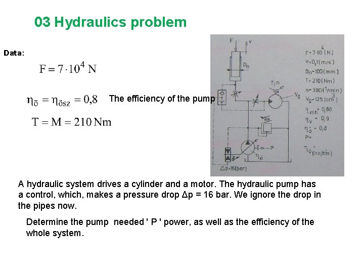 03 Hydraulics problem Data: The efficiency of the pump A hydraulic system drives a