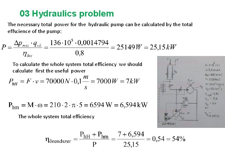 03 Hydraulics problem The necessary total power for the hydraulic pump can be calculated