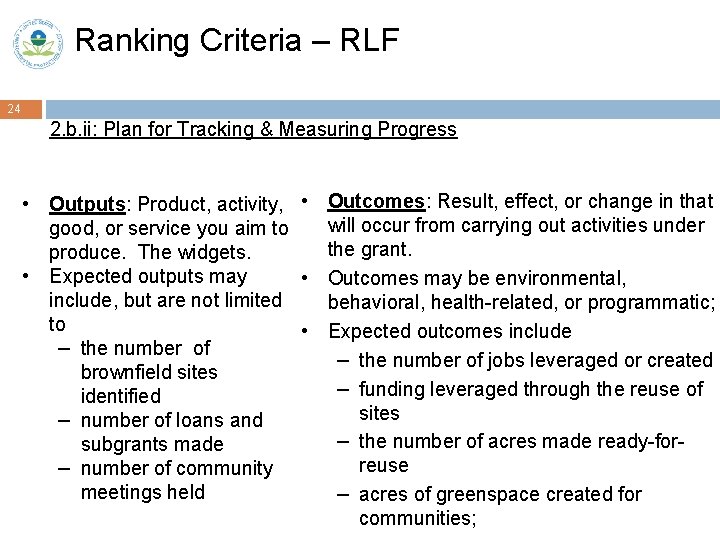 Ranking Criteria – RLF 24 2. b. ii: Plan for Tracking & Measuring Progress