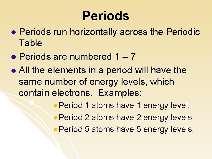 Periods run horizontally across the Periodic Table l Periods are numbered 1 – 7