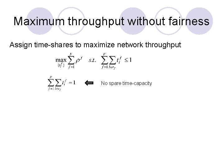 Maximum throughput without fairness Assign time-shares to maximize network throughput No spare time-capacity Maximum throughput without fairness Assign time-shares to maximize network throughput No spare time-capacity