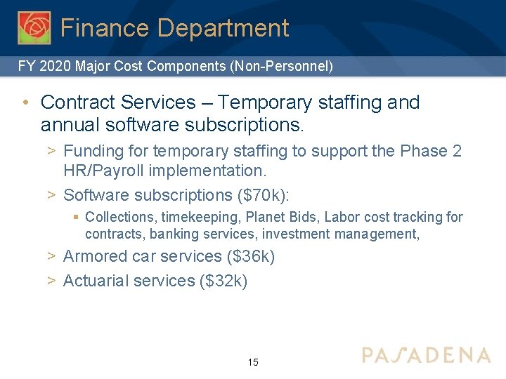 Finance Department FY 2020 Major Cost Components (Non-Personnel) • Contract Services – Temporary staffing