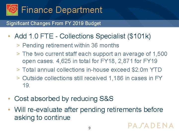 Finance Department Significant Changes From FY 2019 Budget • Add 1. 0 FTE -