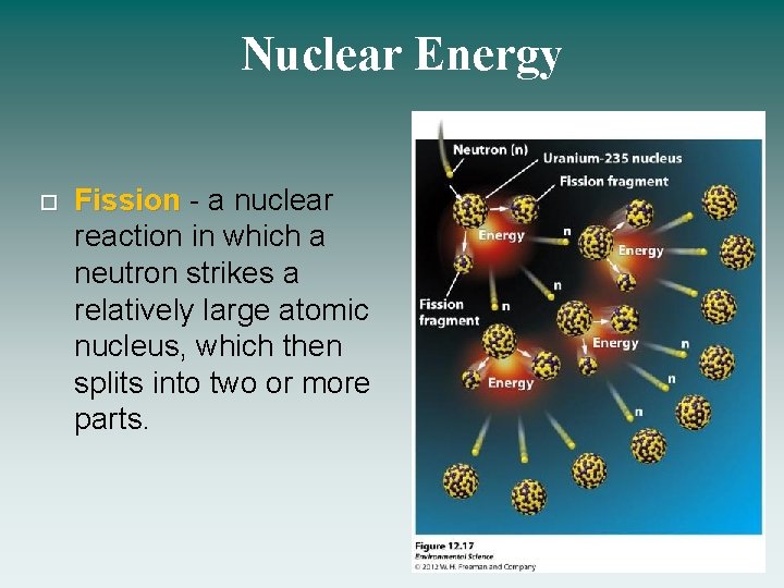 Nuclear Energy Fission - a nuclear reaction in which a neutron strikes a relatively