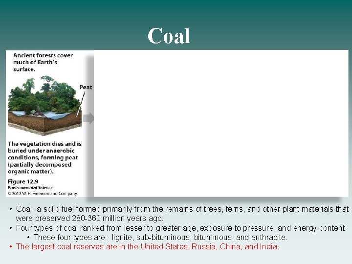 Coal • Coal- a solid fuel formed primarily from the remains of trees, ferns,