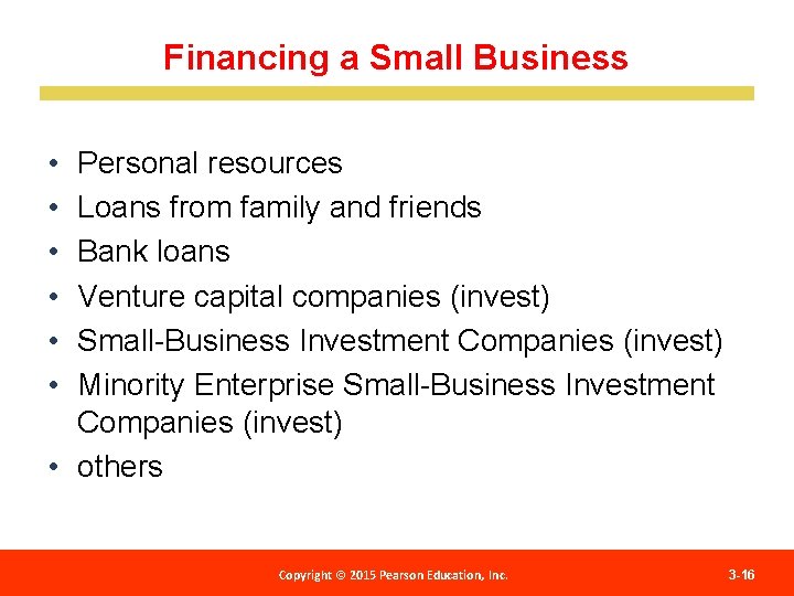 Financing a Small Business • • • Personal resources Loans from family and friends