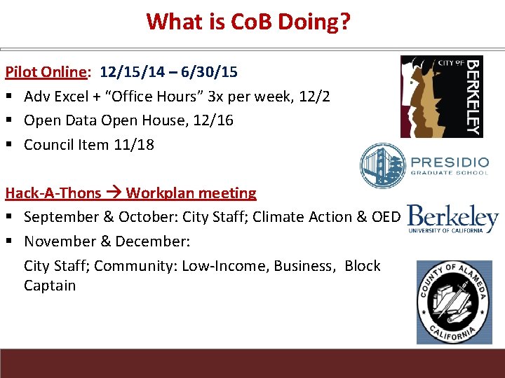 What is Co. B Doing? Pilot Online: 12/15/14 – 6/30/15 § Adv Excel +