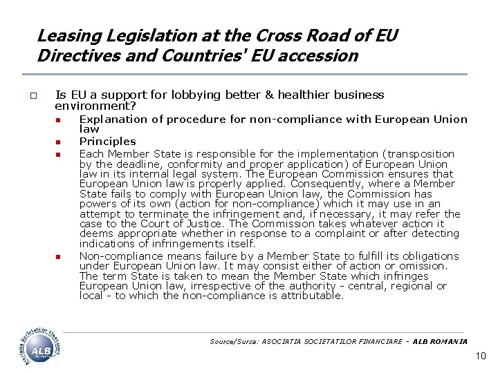 Leasing Legislation at the Cross Road of EU Directives and Countries' EU accession o