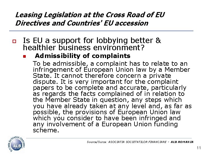 Leasing Legislation at the Cross Road of EU Directives and Countries' EU accession o