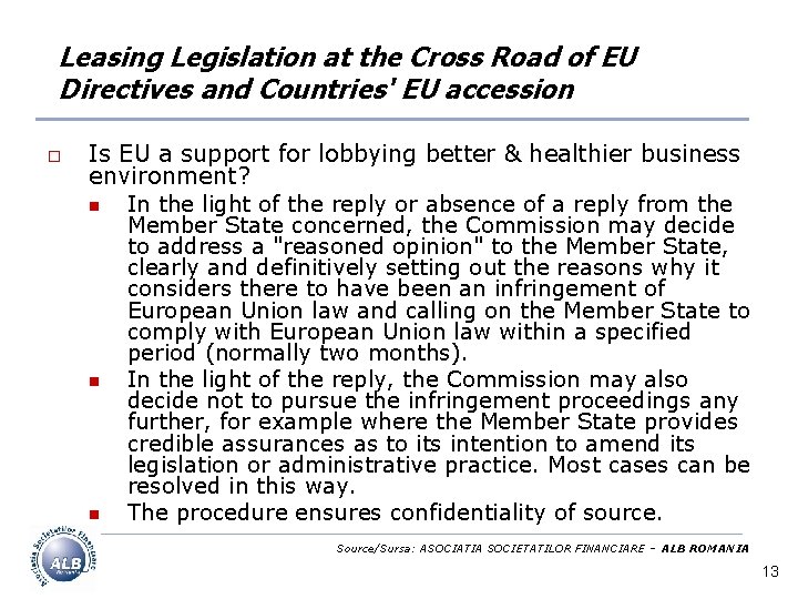 Leasing Legislation at the Cross Road of EU Directives and Countries' EU accession o