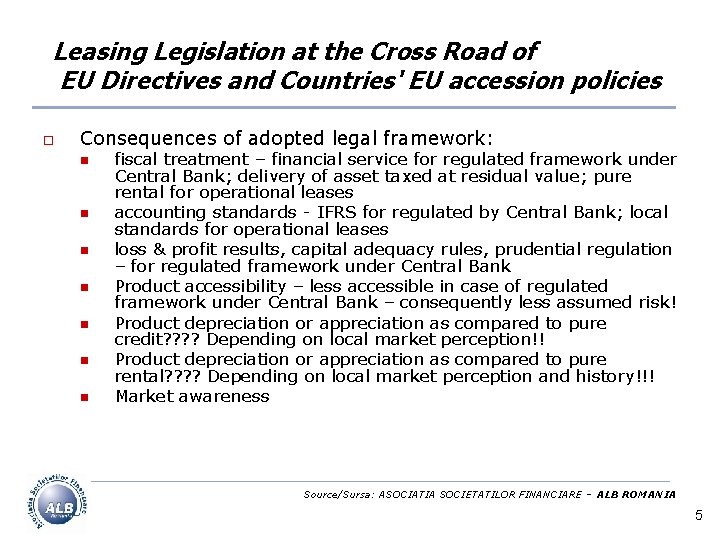 Leasing Legislation at the Cross Road of EU Directives and Countries' EU accession policies