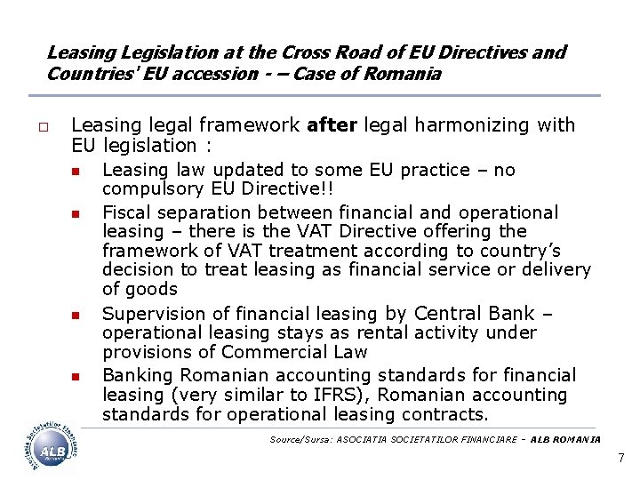 Leasing Legislation at the Cross Road of EU Directives and Countries' EU accession -