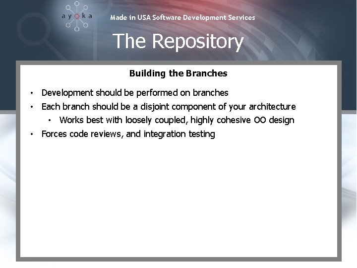 Made in USA Software Development Services The Repository Building the Branches • Development should