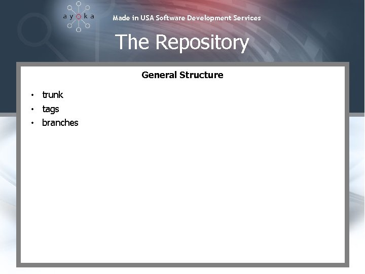 Made in USA Software Development Services The Repository General Structure • trunk • tags