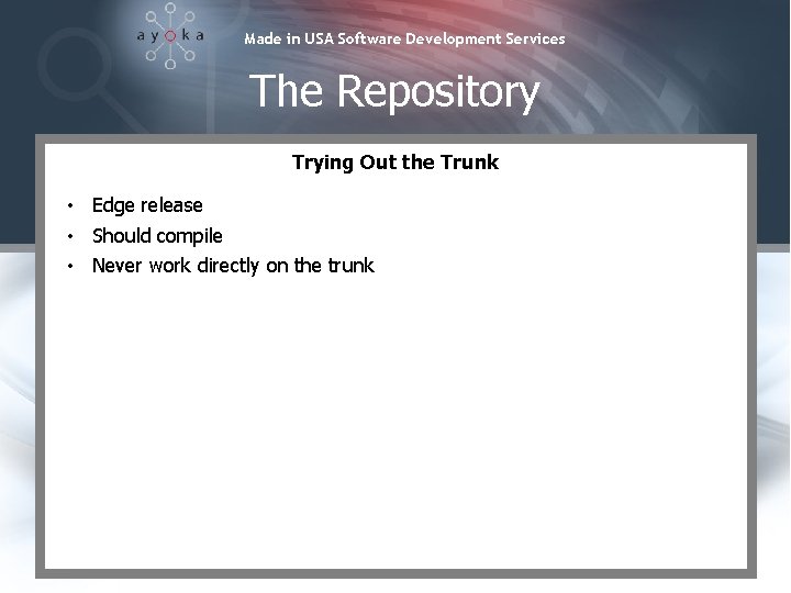 Made in USA Software Development Services The Repository Trying Out the Trunk • Edge