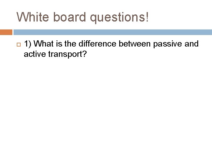 White board questions! 1) What is the difference between passive and active transport? 