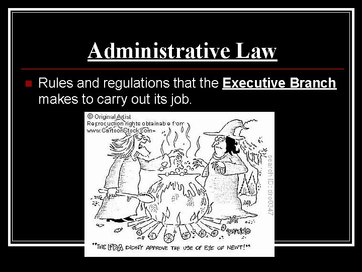 Administrative Law n Rules and regulations that the Executive Branch makes to carry out