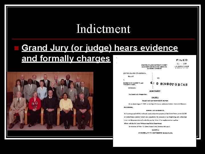 Indictment n Grand Jury (or judge) hears evidence and formally charges 