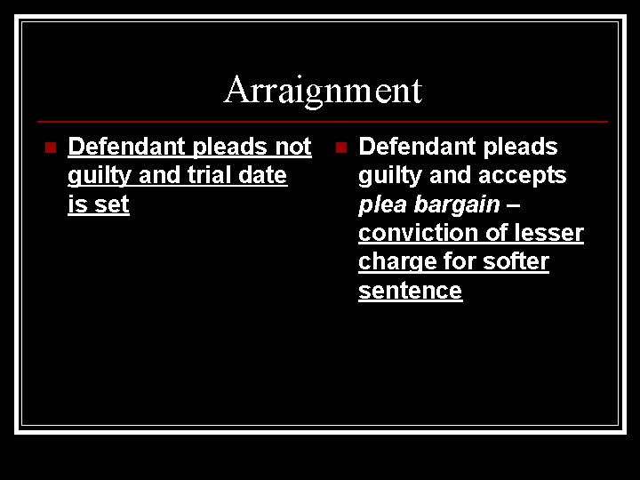 Arraignment n Defendant pleads not guilty and trial date is set n Defendant pleads