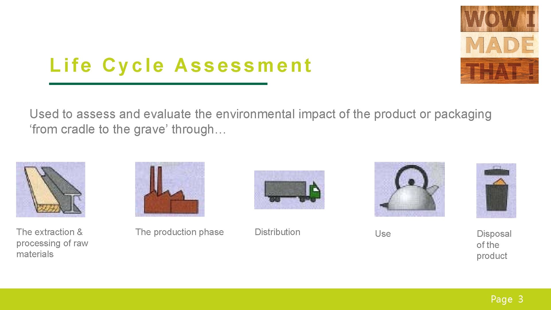 Life Cycle Assessment Used to assess and evaluate the environmental impact of the product