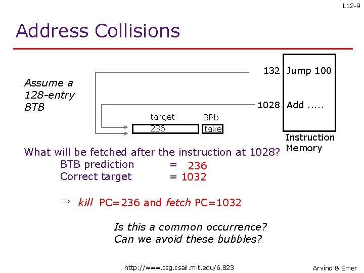 L 12 -9 Address Collisions 132 Jump 100 Assume a 128 -entry BTB 1028