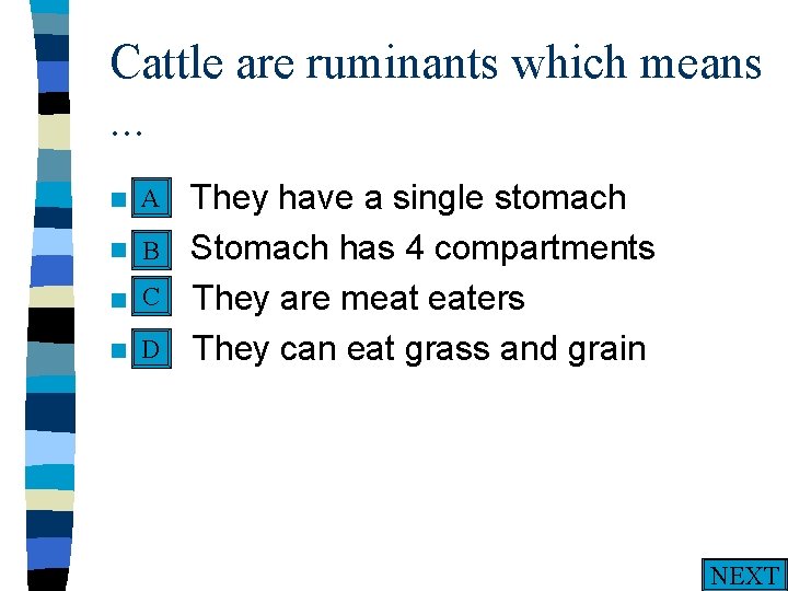 Cattle are ruminants which means. . . A n A. n n n They