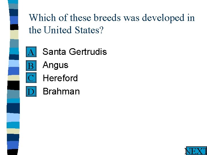 Which of these breeds was developed in the United States? n A n B