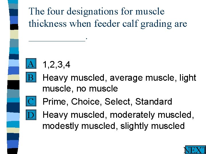 The four designations for muscle thickness when feeder calf grading are ______. A n