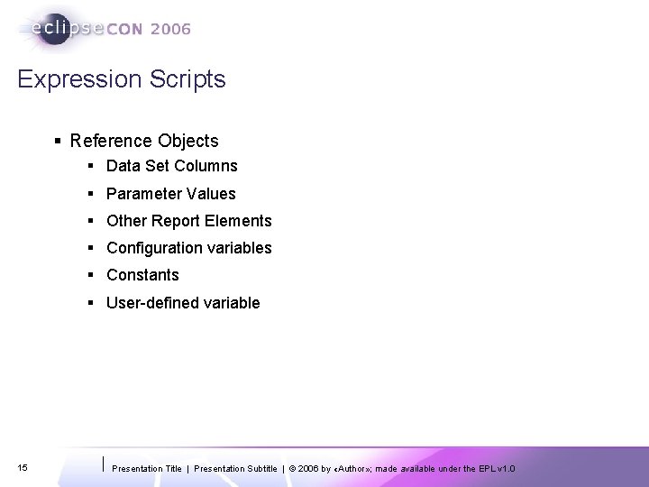 Expression Scripts § Reference Objects § Data Set Columns § Parameter Values § Other