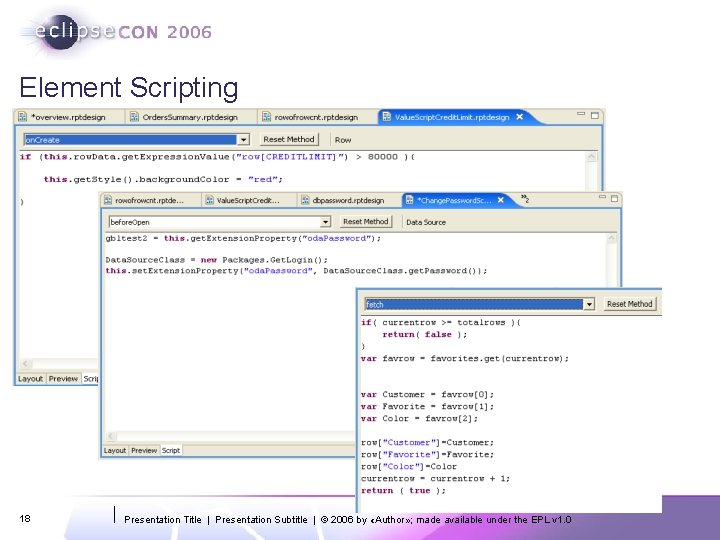 Element Scripting 18 Presentation Title | Presentation Subtitle | © 2006 by «Author» ;