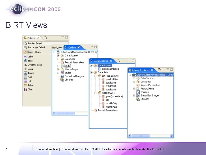 BIRT Views 7 Presentation Title | Presentation Subtitle | © 2006 by «Author» ;