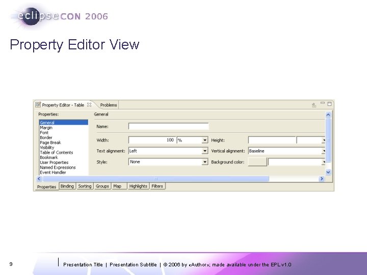 Property Editor View 9 Presentation Title | Presentation Subtitle | © 2006 by «Author»