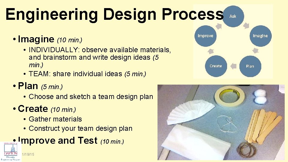 Engineering Design Process • Imagine (10 min. ) • INDIVIDUALLY: observe available materials, and