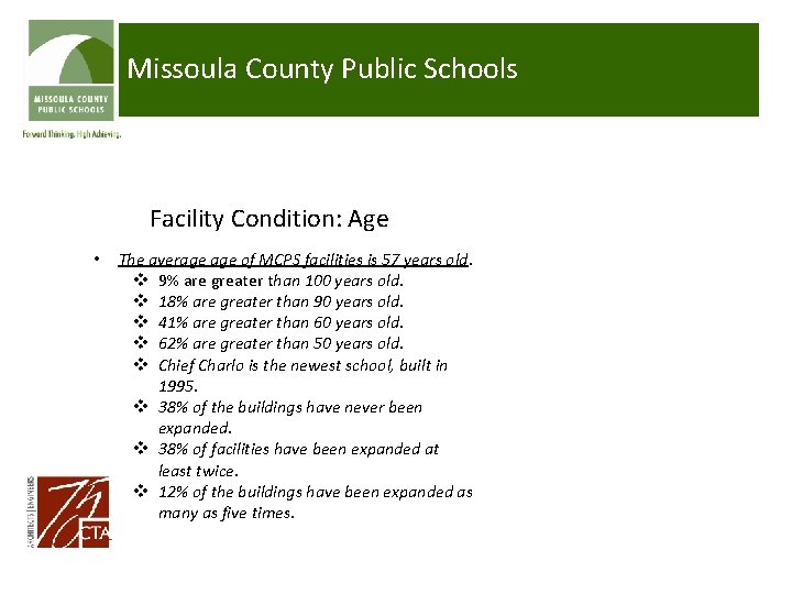 Missoula County Public Schools Facility Condition: Age • The average of MCPS facilities is