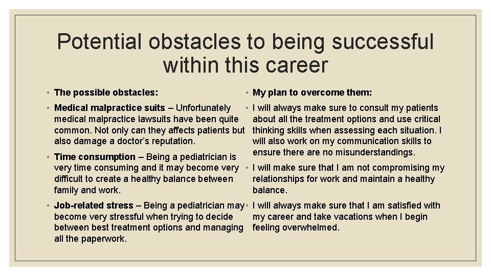 Potential obstacles to being successful within this career ◦ The possible obstacles: ◦ My