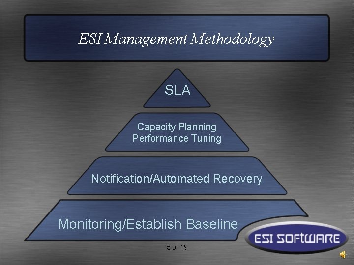 ESI Management Methodology SLA Capacity Planning Performance Tuning Notification/Automated Recovery Monitoring/Establish Baseline 5 of