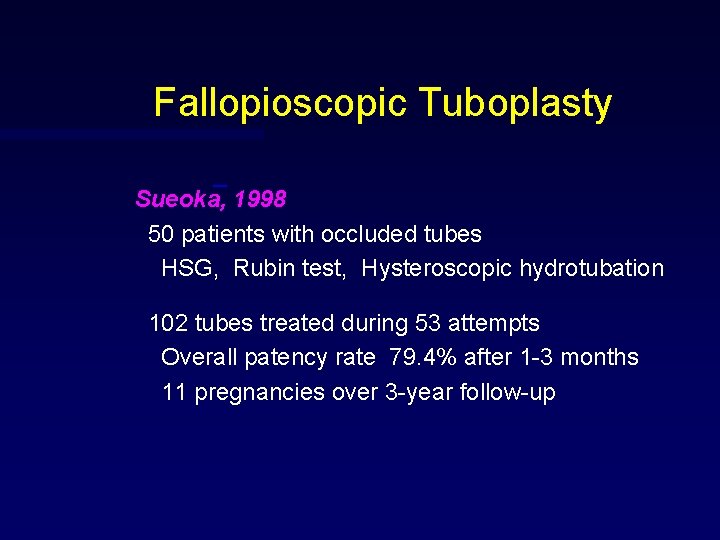 Fallopioscopic Tuboplasty Sueoka, 1998 50 patients with occluded tubes HSG, Rubin test, Hysteroscopic hydrotubation