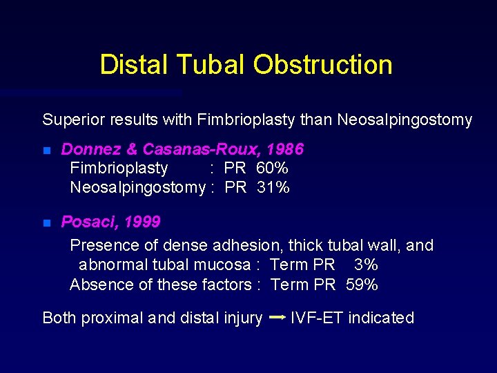 Distal Tubal Obstruction Superior results with Fimbrioplasty than Neosalpingostomy n Donnez & Casanas-Roux, 1986