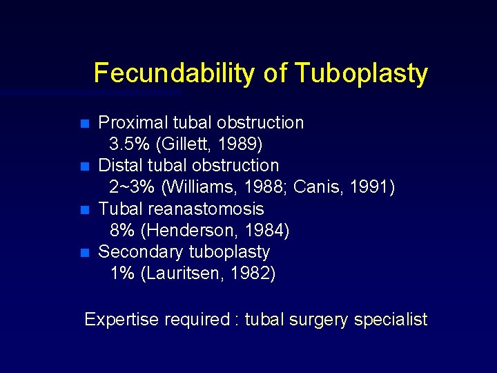 Fecundability of Tuboplasty n n Proximal tubal obstruction 3. 5% (Gillett, 1989) Distal tubal